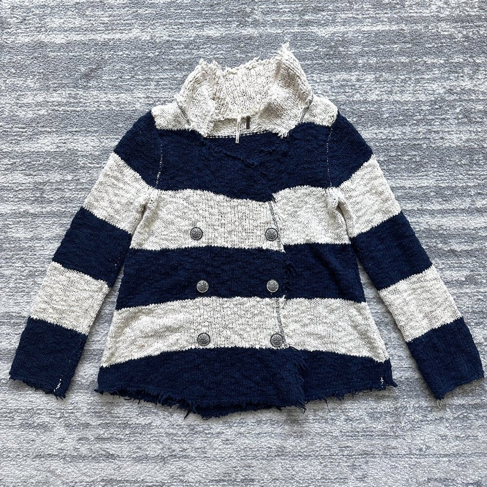 Free People Navy-Cream Frayed Trench Sweater